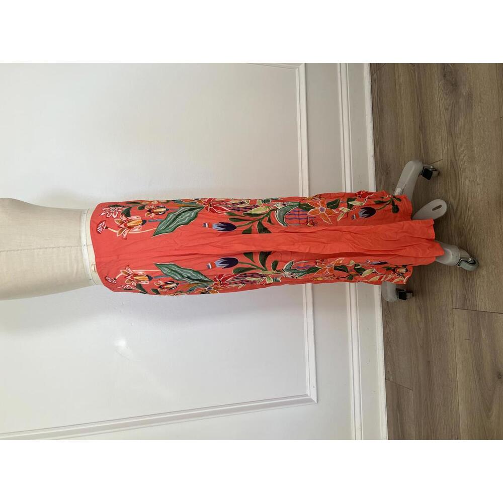Farm Rio - Coral Floral Midi Skirt with Vibrant Print, Size M - Picture 6 of 10